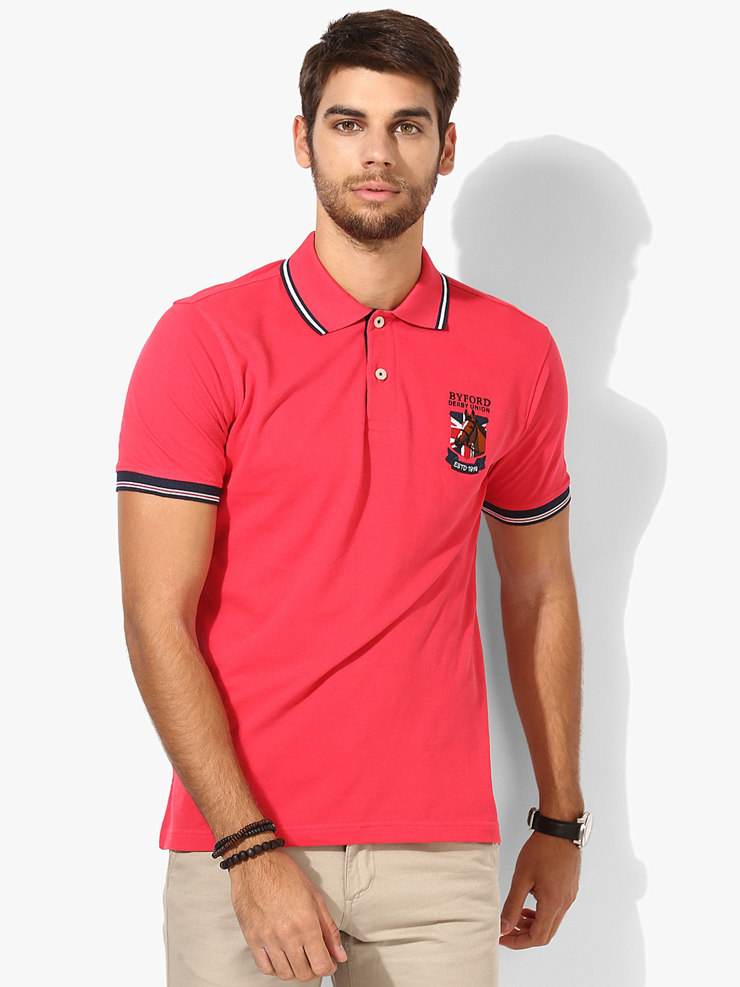 BYFORD by Pantaloons Men Coral Pink Solid Polo Collar T-Shirt