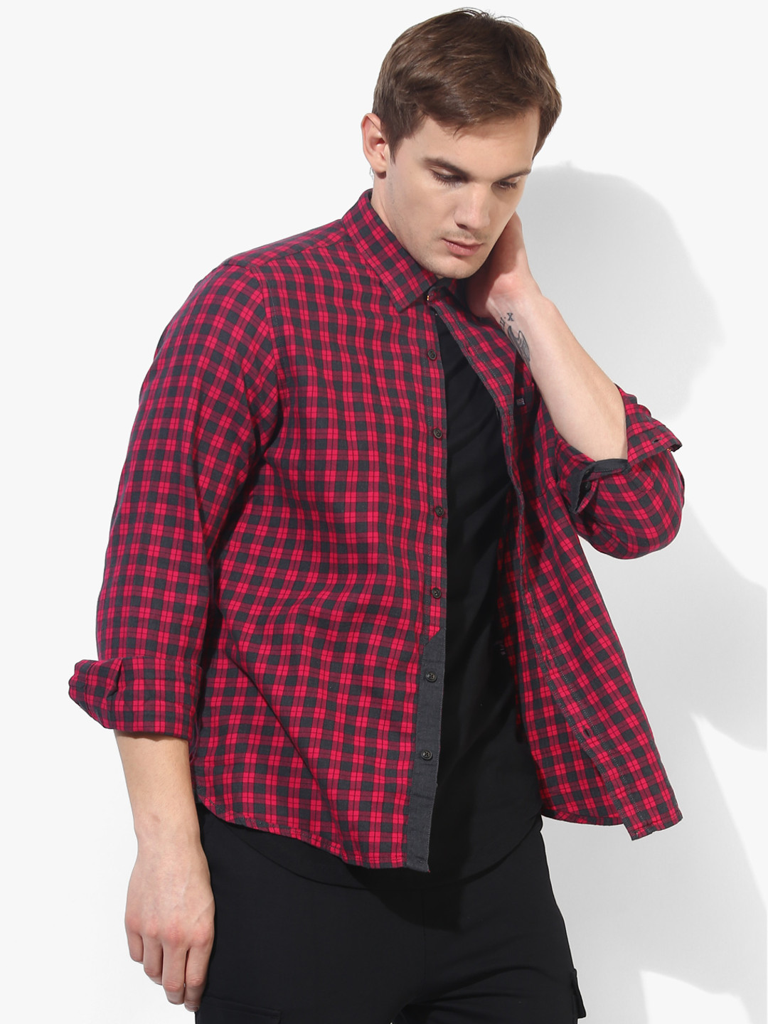 BYFORD by Pantaloons Men Maroon & Charcoal Grey Checked Slim Fit Casual Shirt