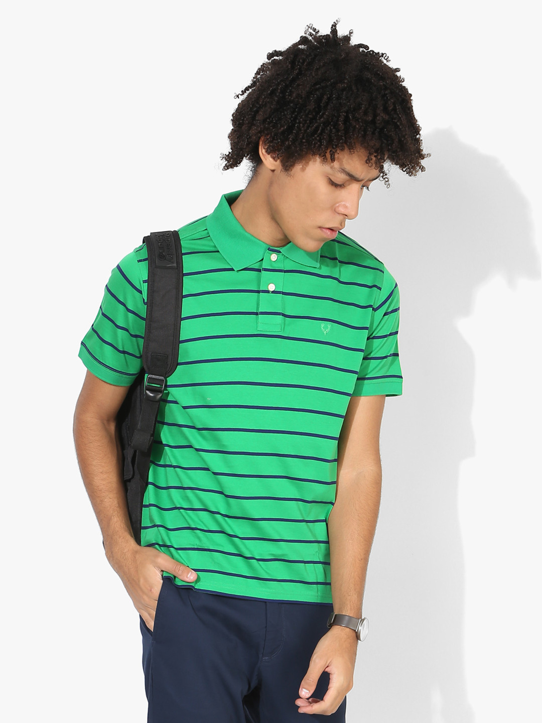 Allen Solly Men Green & Navy Blue Striped Regular Fit Polo T-Shirt