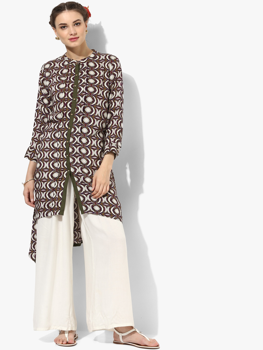 GQ Women Brown & White Printed Straight Kurta