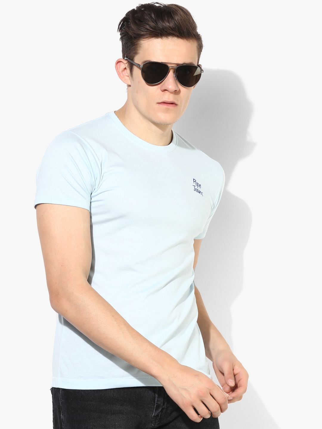 Pepe Jeans Men Light Blue Solid Round Neck T Shirt