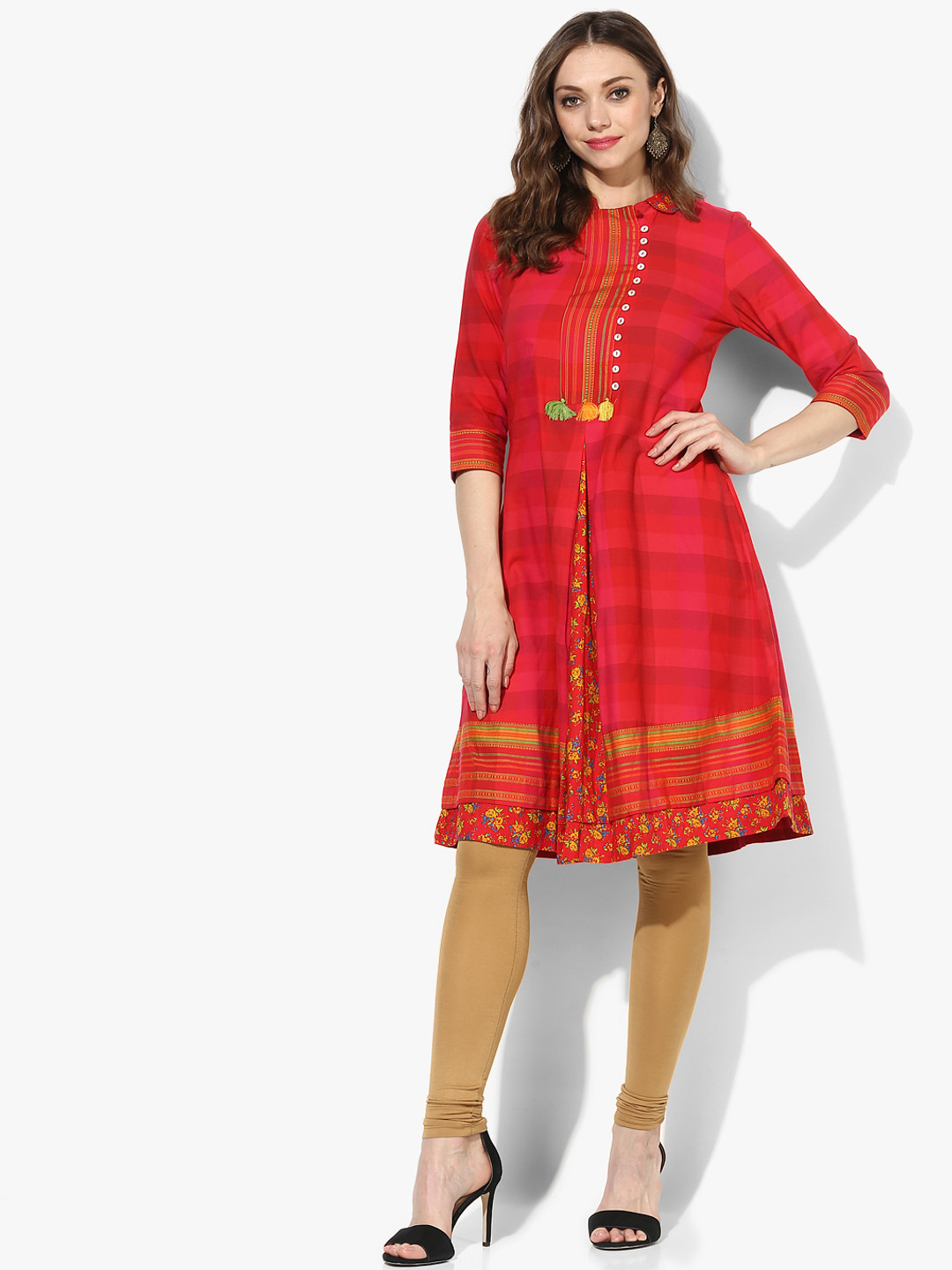 Fusion Beats Women Red & Pink Checked A-Line Layered Kurta