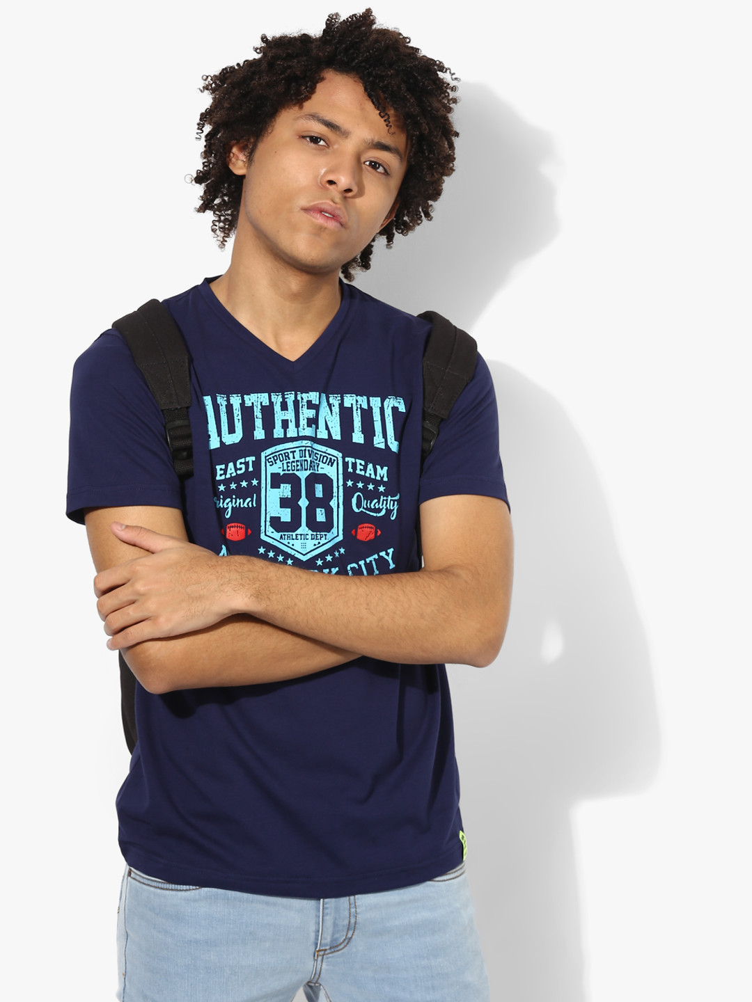 rock.it Men Navy Printed V-Neck T-Shirt