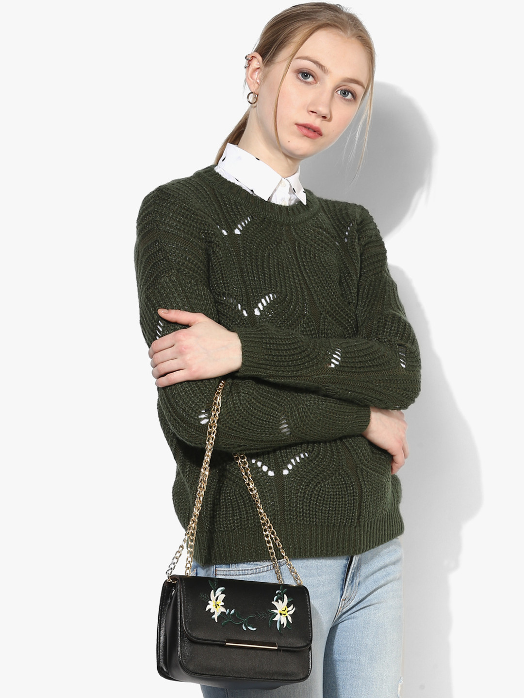 CAMLA Women Olive Green Open Knit Sweater