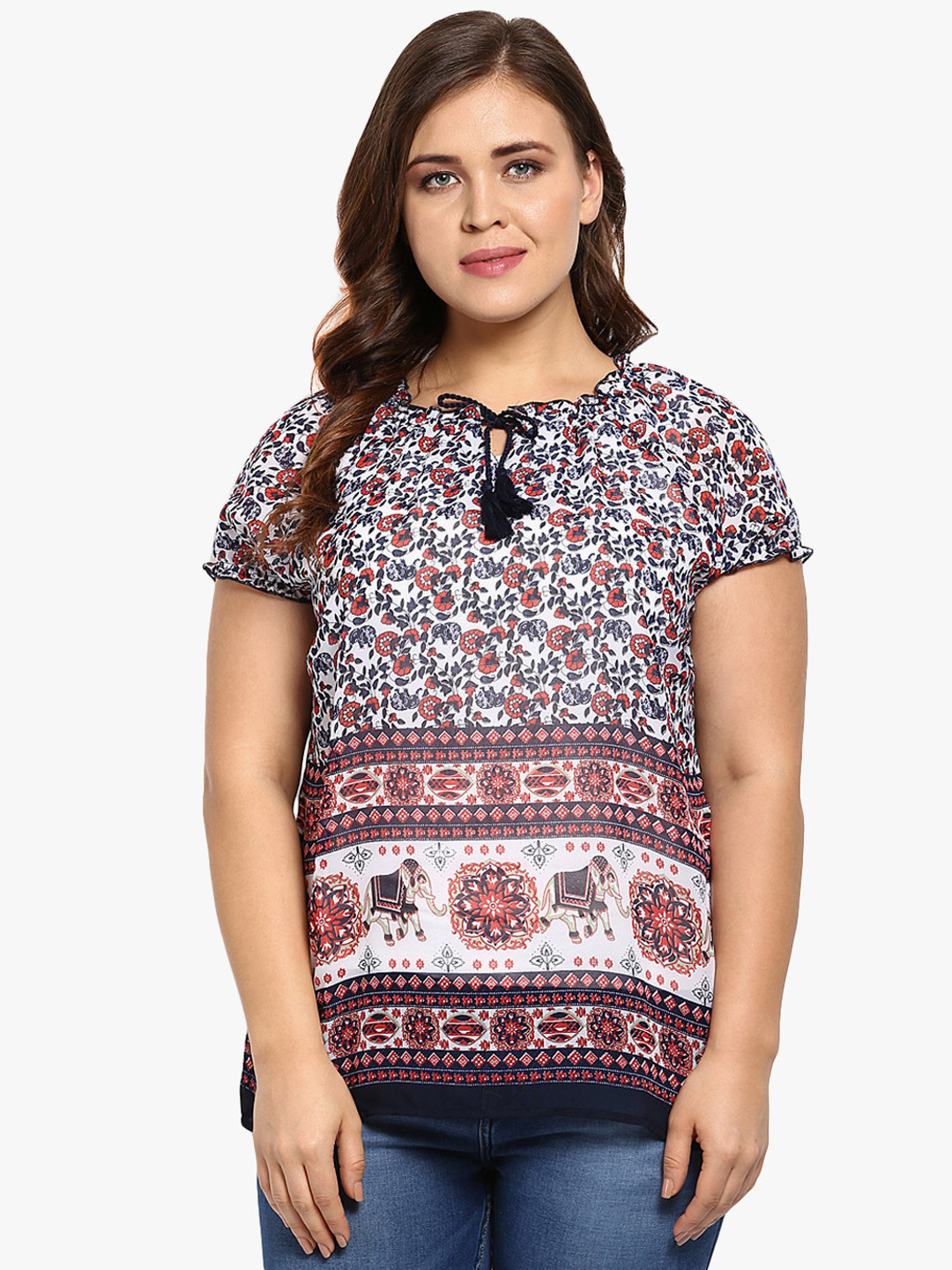 aLL Women White & Brown Floral Print Regular Top