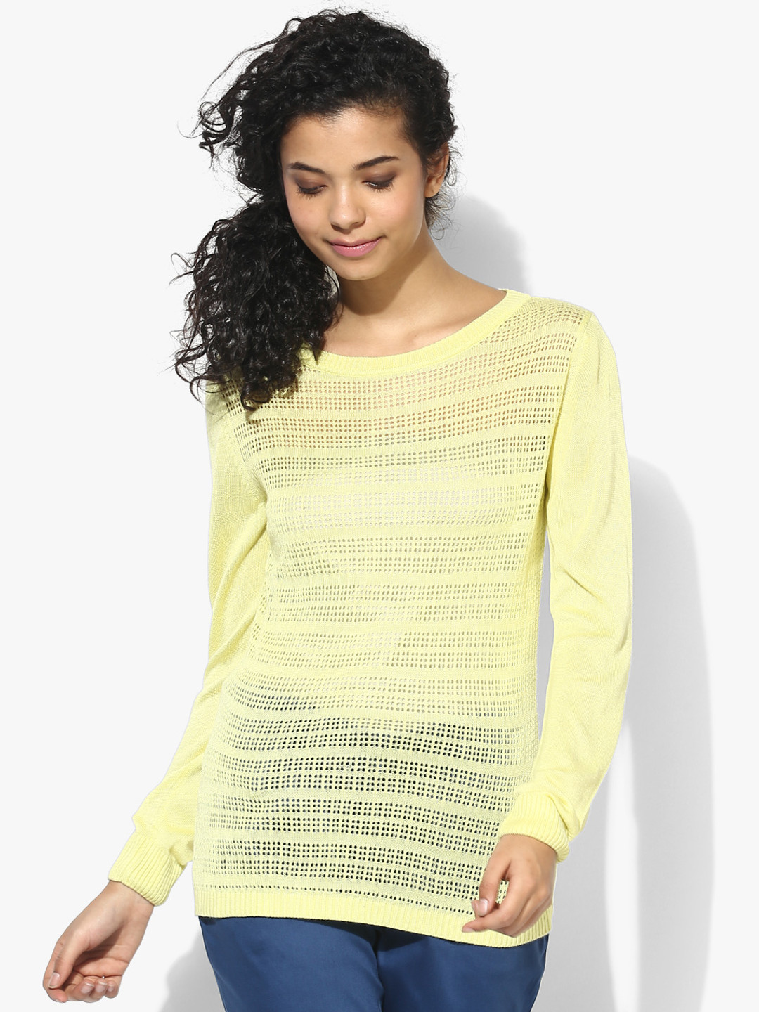 Park Avenue Women Yellow Open Knit Pullover Sweater