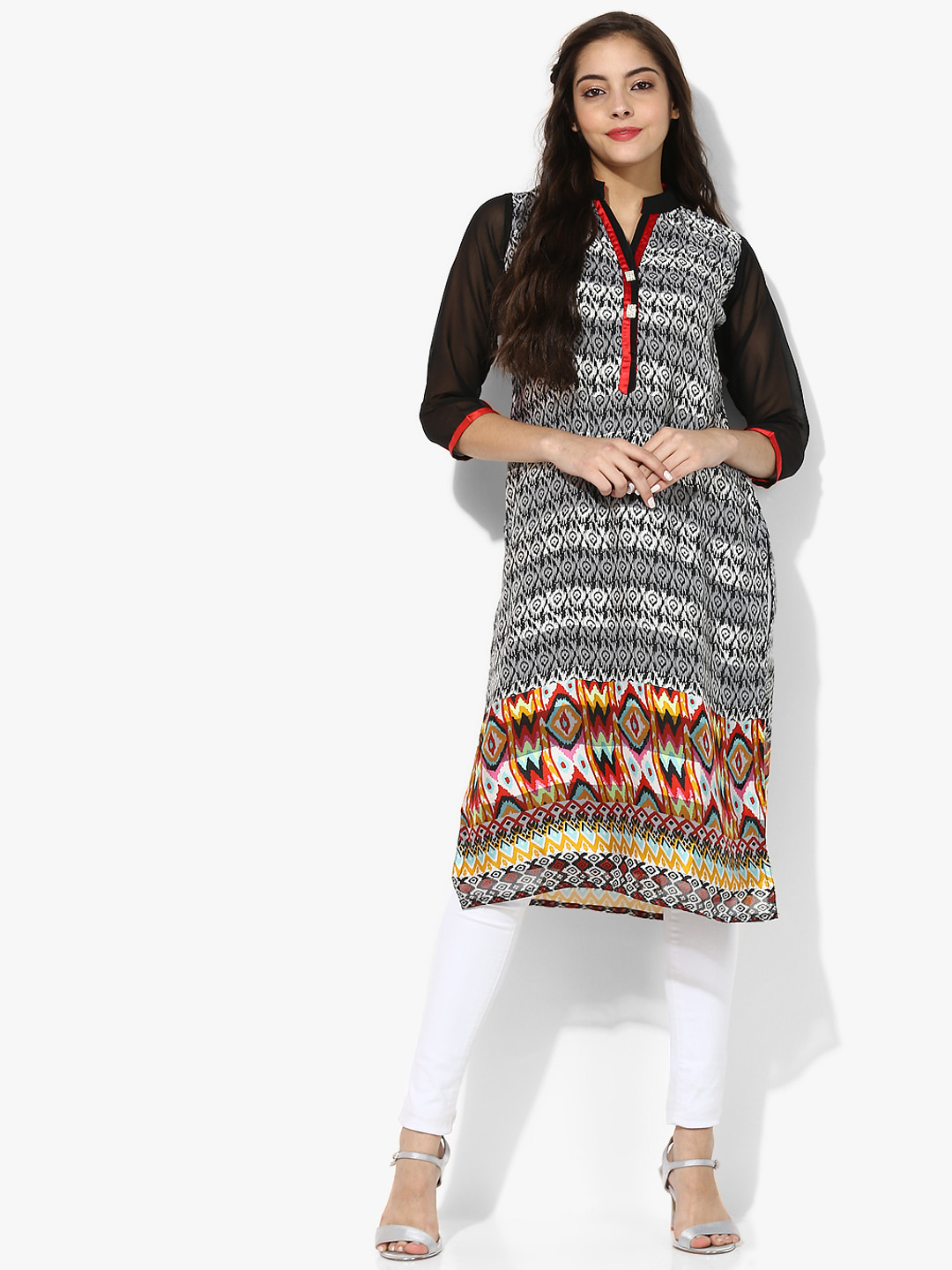 F Loop Women Black & White Printed Straight Kurta