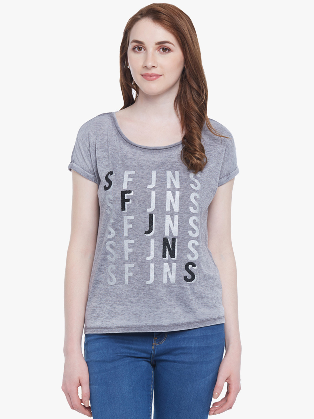 SF JEANS by Pantaloons Women Grey & Silver Printed Round Neck T Shirt