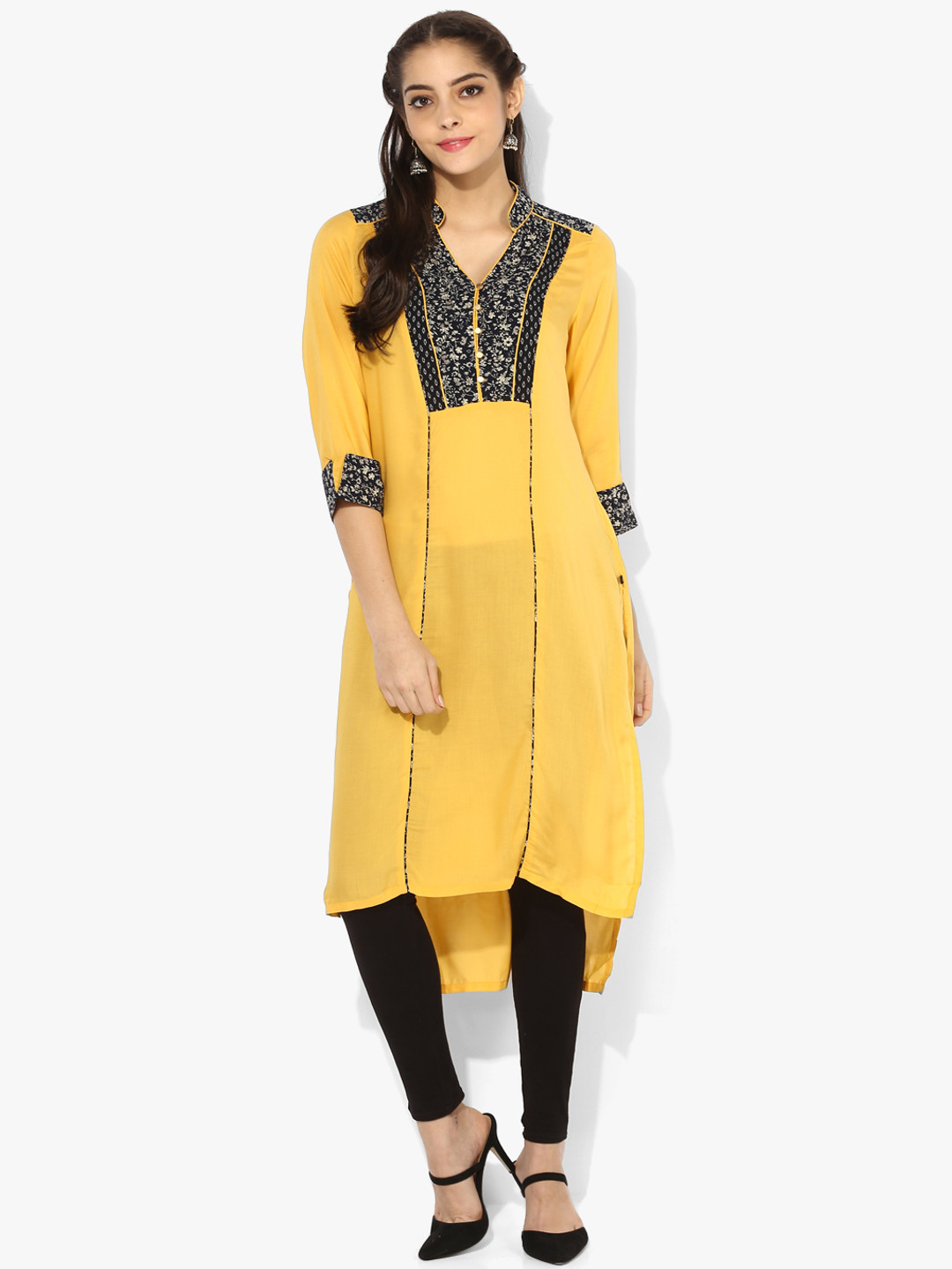 GQ Women Yellow & Black Yoke Design High-Low Straight Kurta