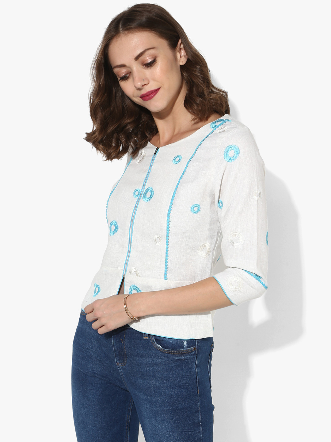 GQ Women White & Blue Embroidered Zipper Top
