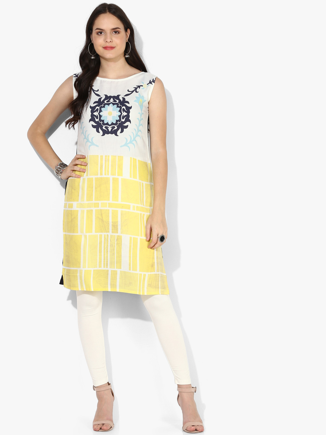 Mmantra Women Yellow & White Colourblocked Straight Kurta