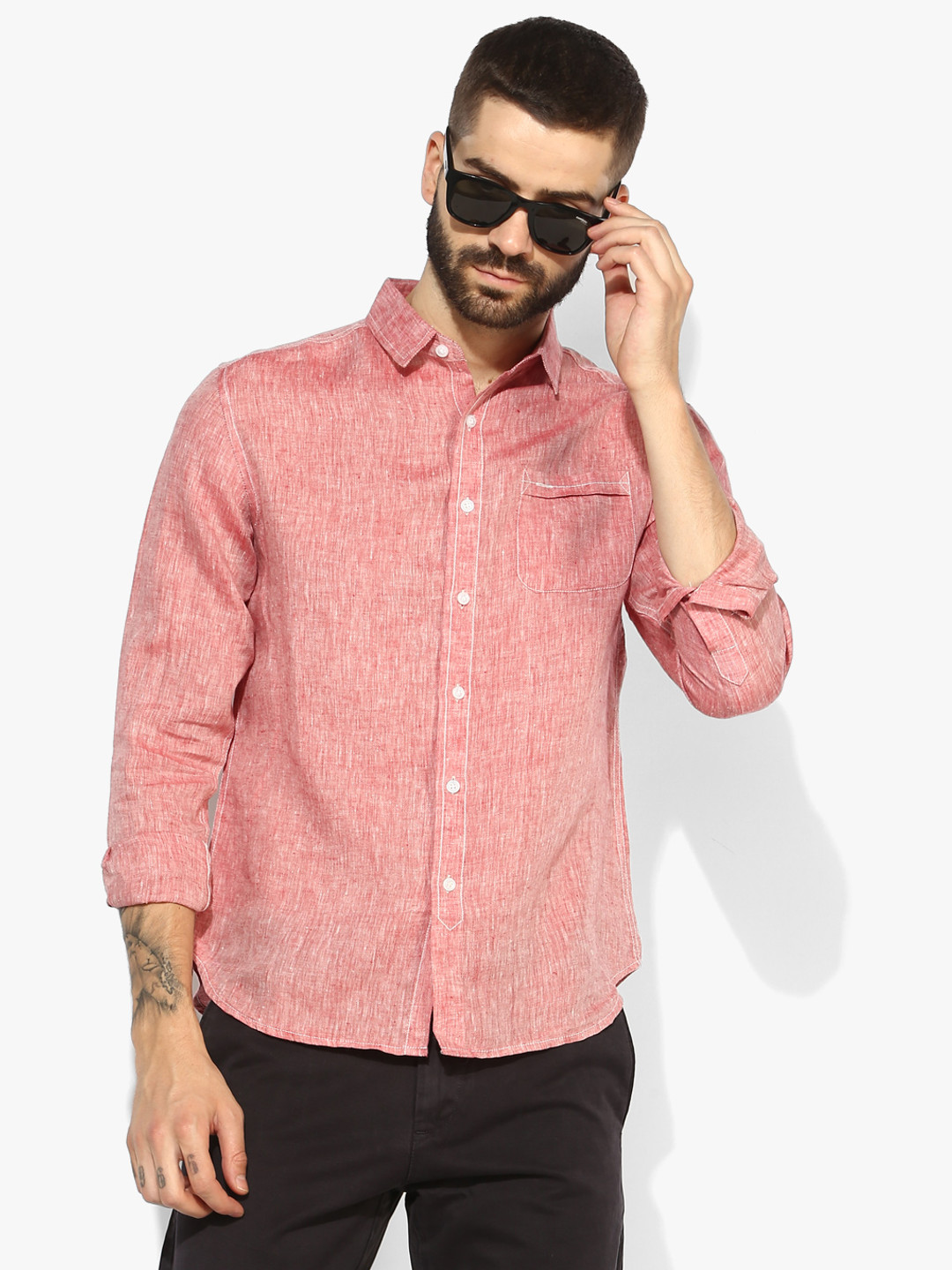 CAMLA Men Peach-Coloured Solid Slim Fit Casual Shirt With Grindle Effect