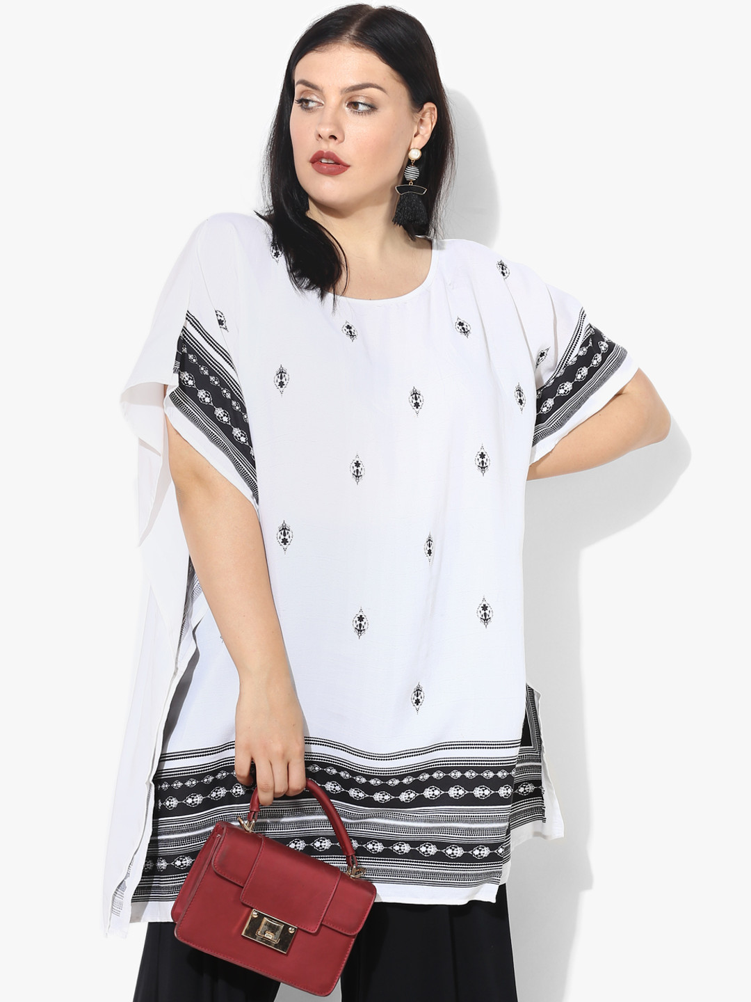 Qurvii Plus Size Women White  Black Printed Kaftan Top