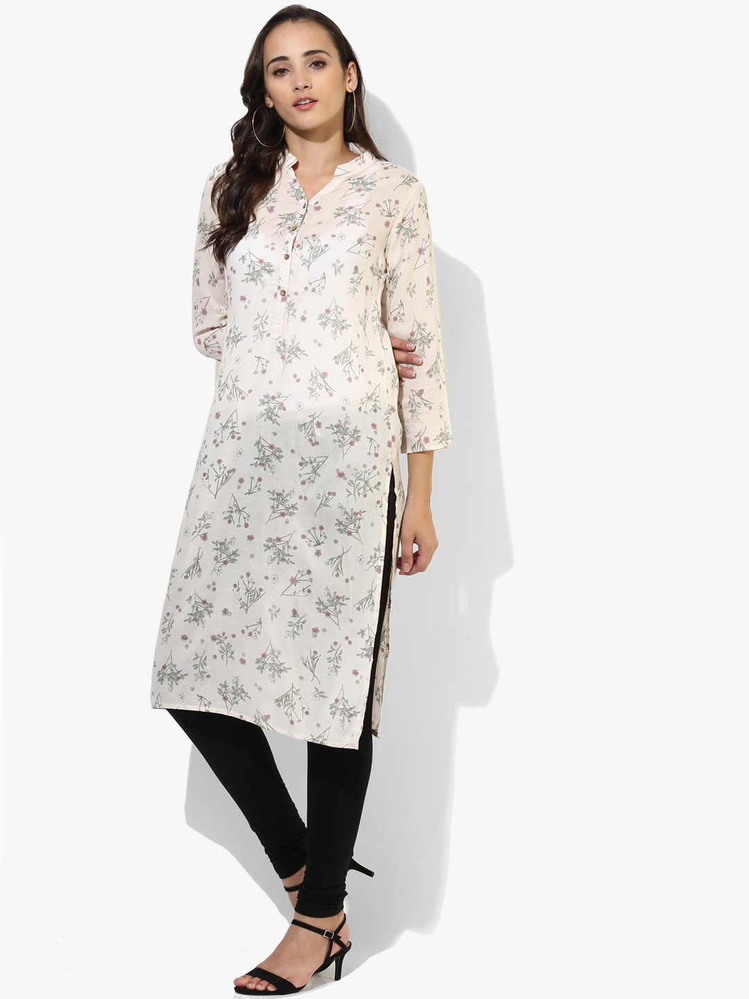 Color Kathaa Women Off-White & Pink Floral Print Straight Kurta