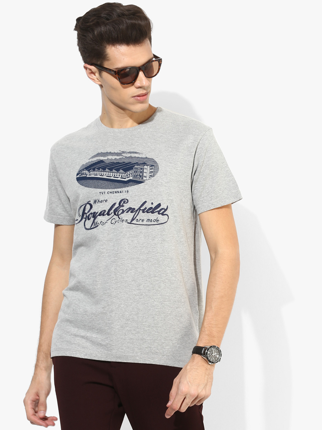 Royal Enfield Men Grey Melange Printed Regular Fit Round Neck T-Shirt