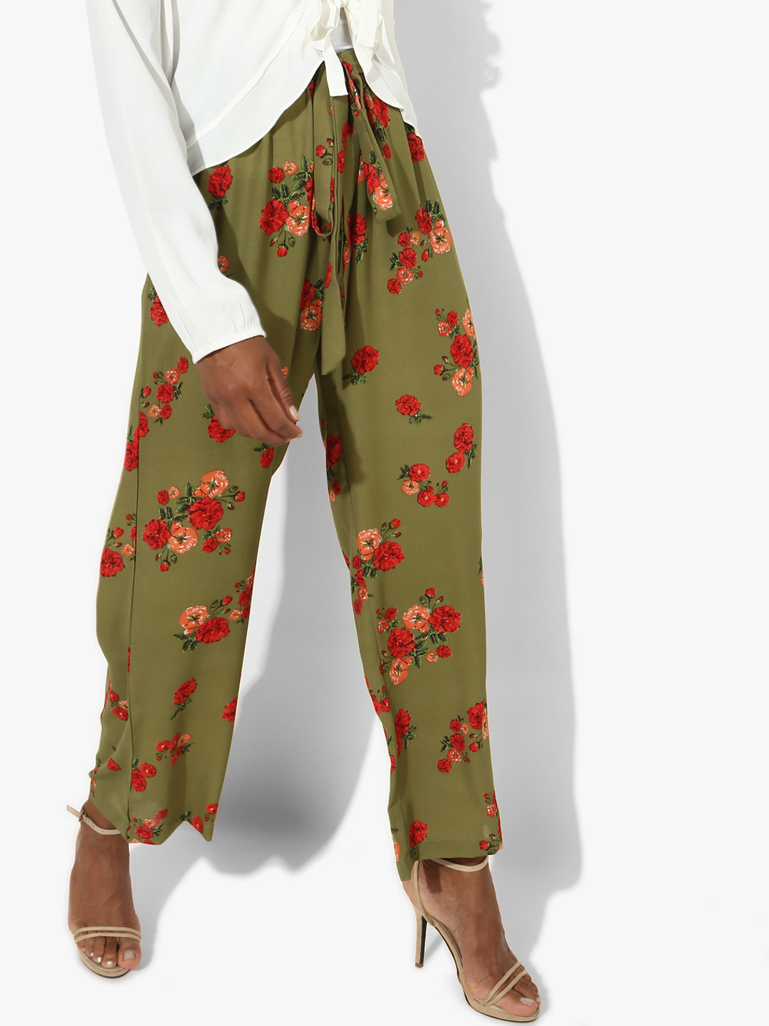 MIAMINX Women Olive Green & Red Floral Printed Straight Palazzos