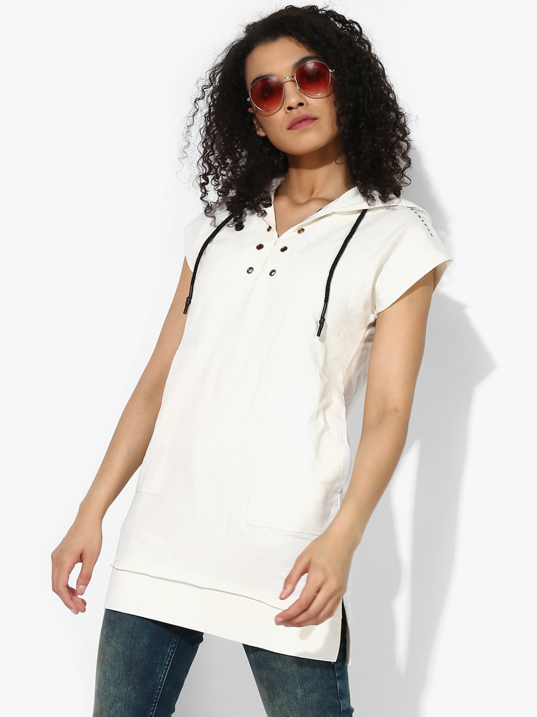 YWC Women Off White Solid Hoodie