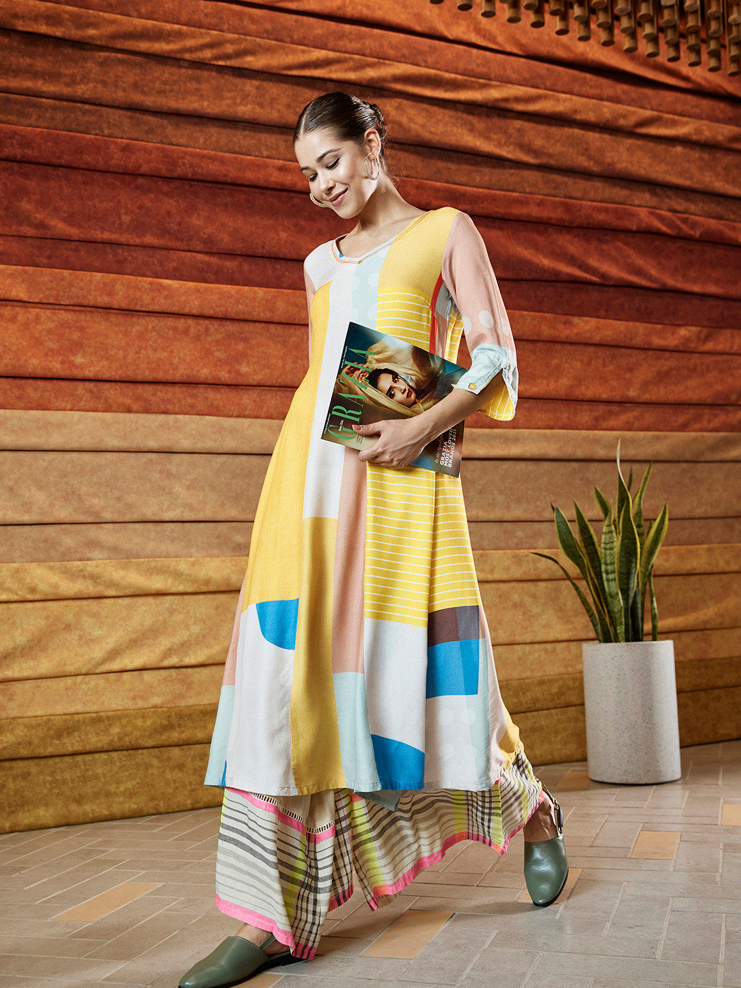 W White & Yellow Forestry Printed A-Line Dress