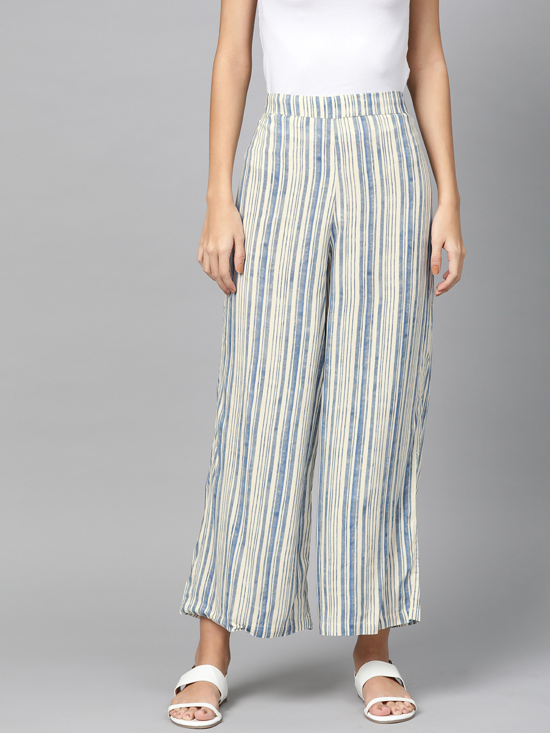 W Women Beige & Blue Striped Parallel Trousers