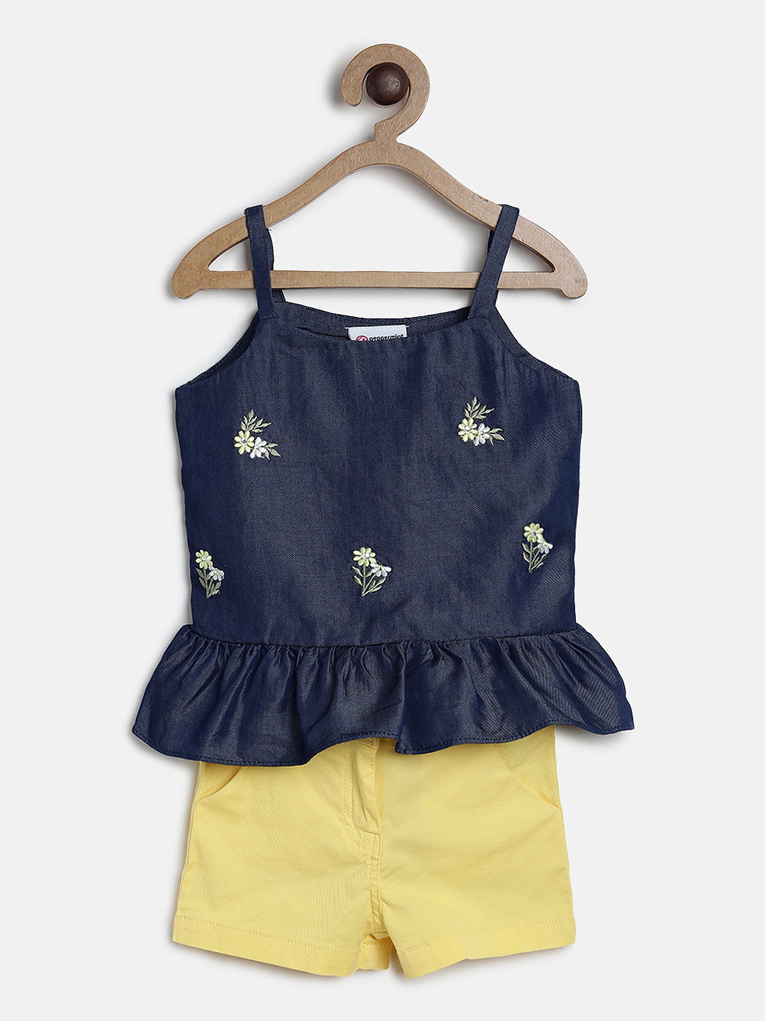 Peppermint Girls Blue & Yellow Embroidered Top with Shorts