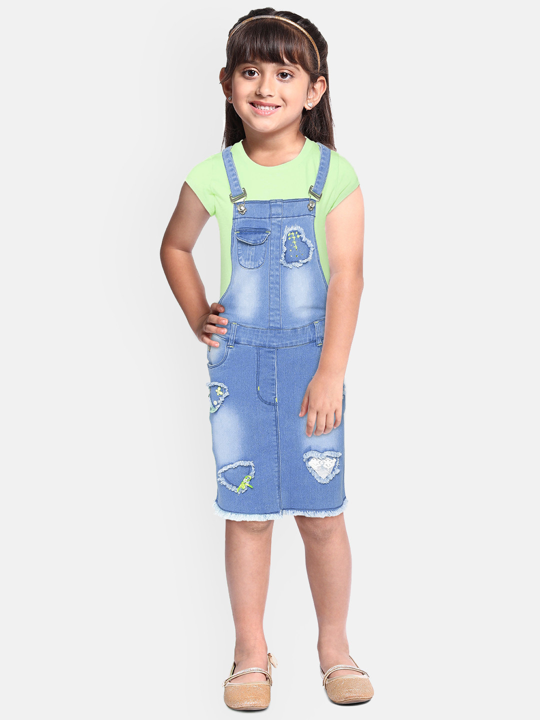 Peppermint Girls Blue & Green Denim Pinafore Dress With Tshirt