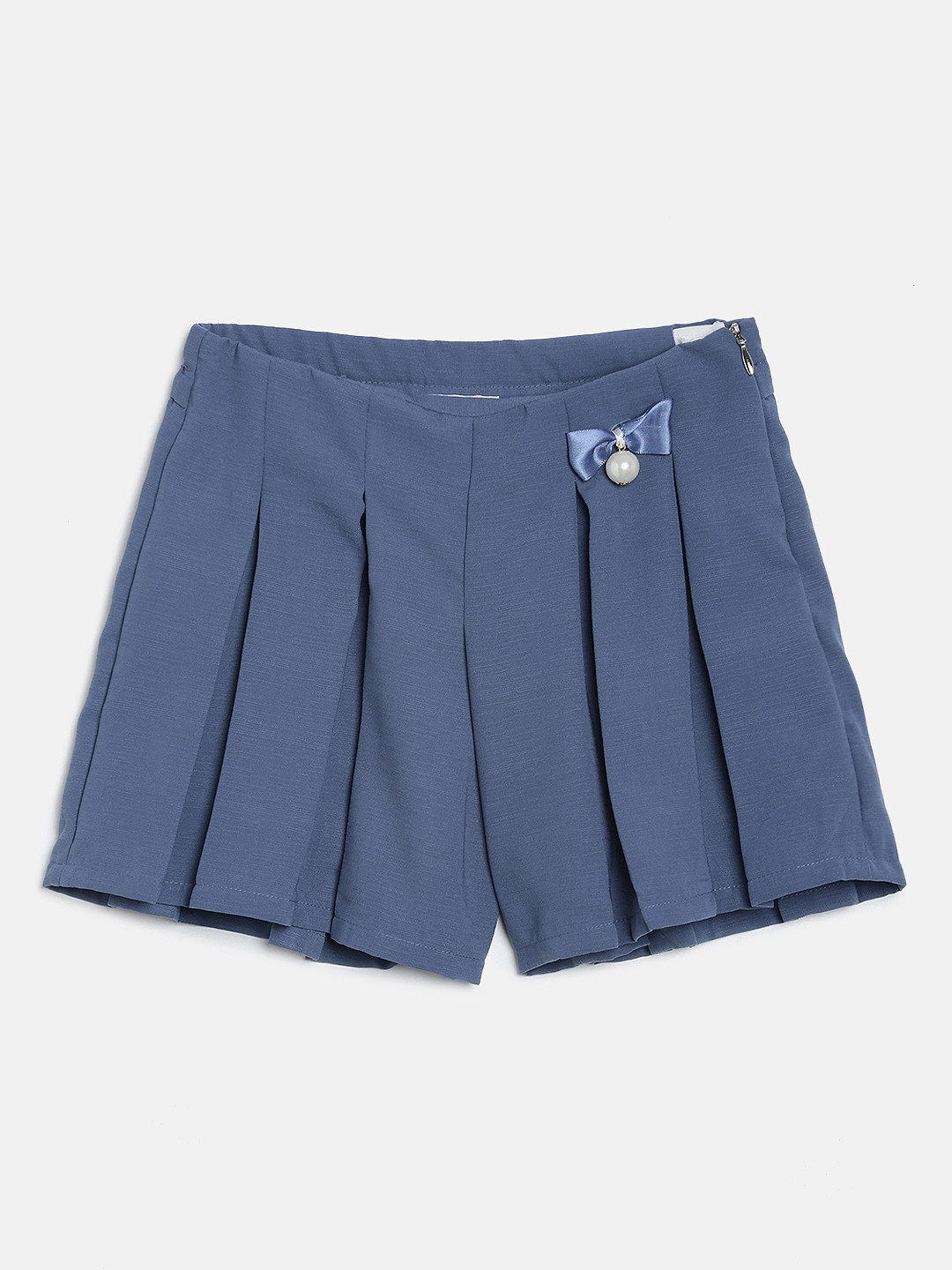 Peppermint Girls Blue Solid Pleated Regular Shorts