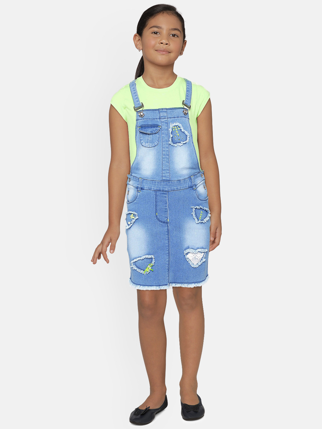 Peppermint Girls Blue & Green Denim Pinafore Dress With Tshirt