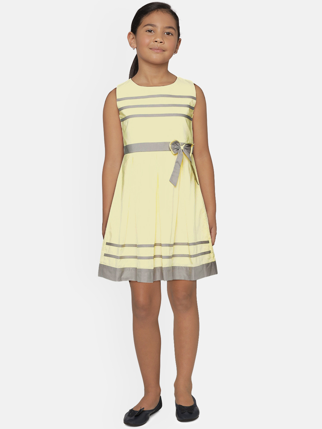 Peppermint Girls Yellow & Grey Striped Fit And Flare Dress