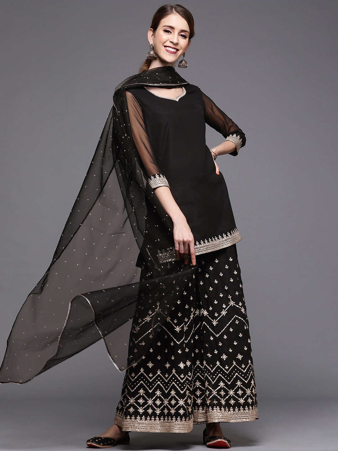 Buy Inddus Women Black Georgette Kurti With Embroidered Sharara  Dupatta   Kurta Sets for Women 11611210  Myntra