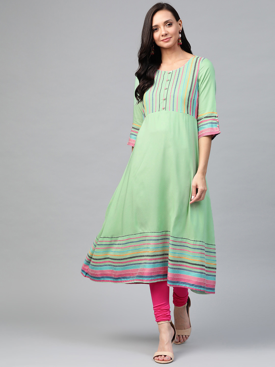 AURELIA Women Mint Green & Blue Self-Striped Yoke A-Line Kurta