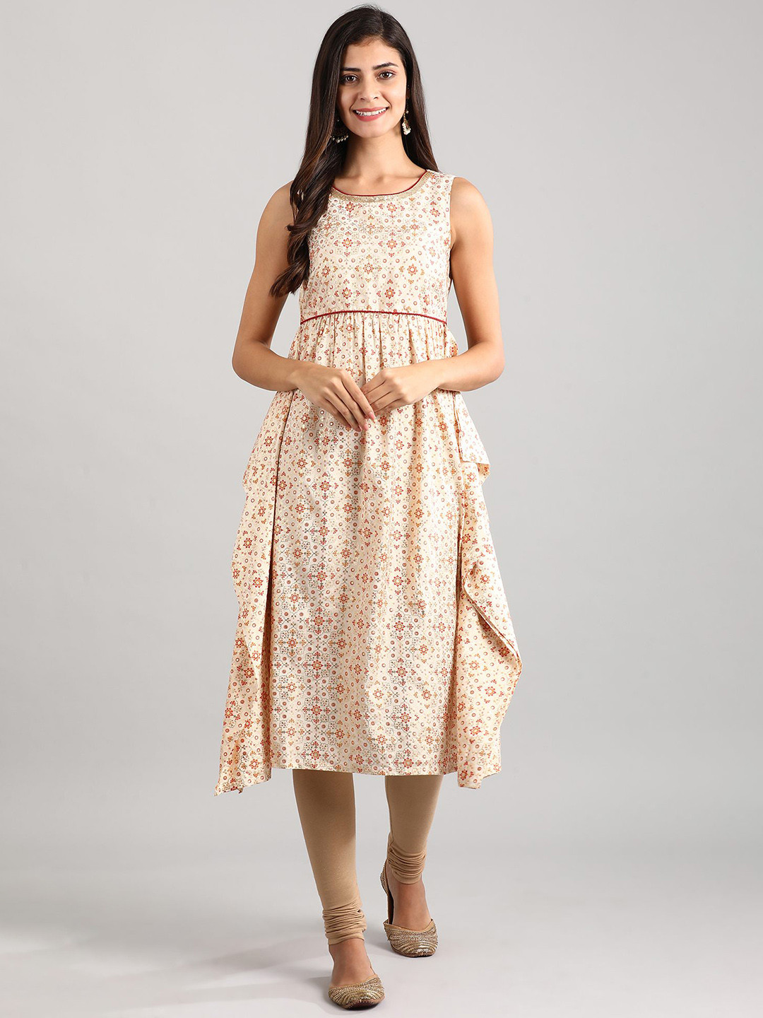 AURELIA Women Off-White & Rust Orange Side Flap Detail Printed Empire Dress