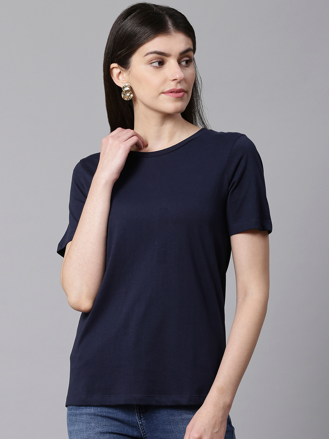 Marks & Spencer Women Navy Blue Solid Round Neck T-shirt