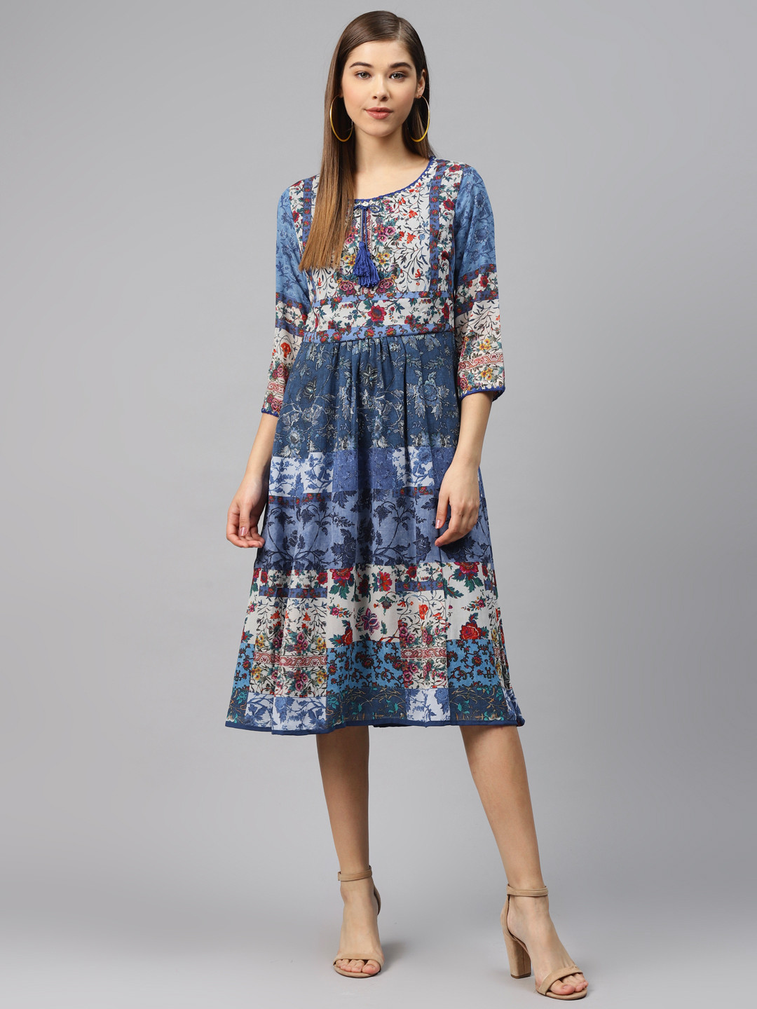 Biba Blue & Grey Ethnic Motifs Printed A-Line Dress