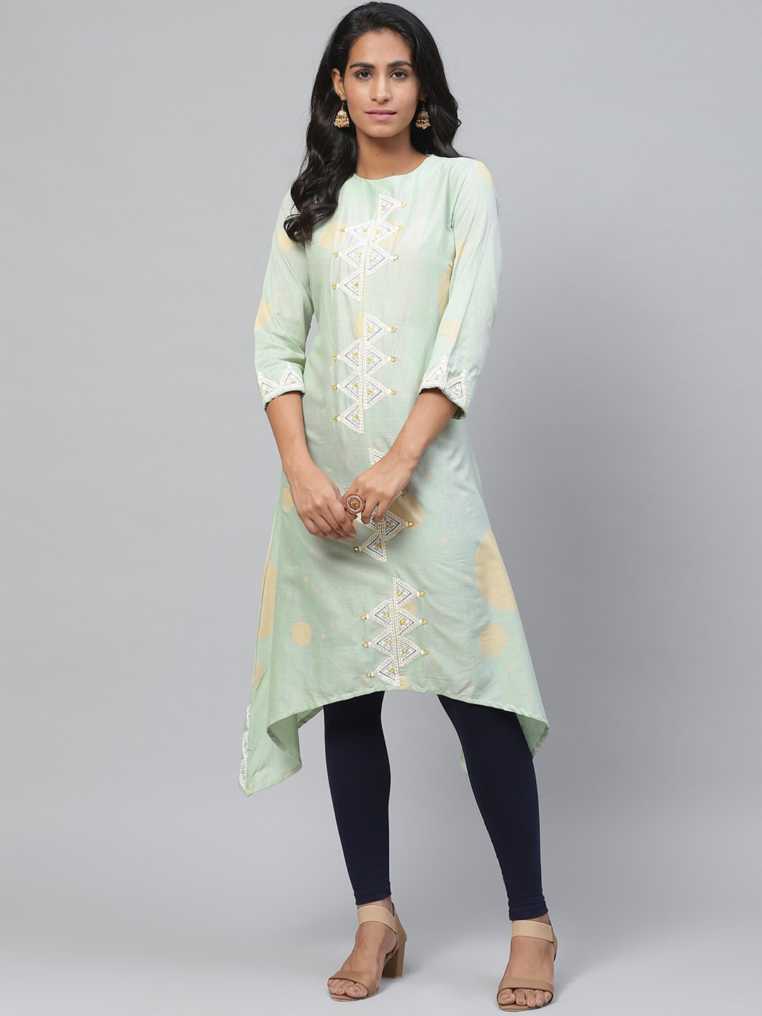 Biba Women Sea Green & White Embroidered Asymmetric A-Line Kurta