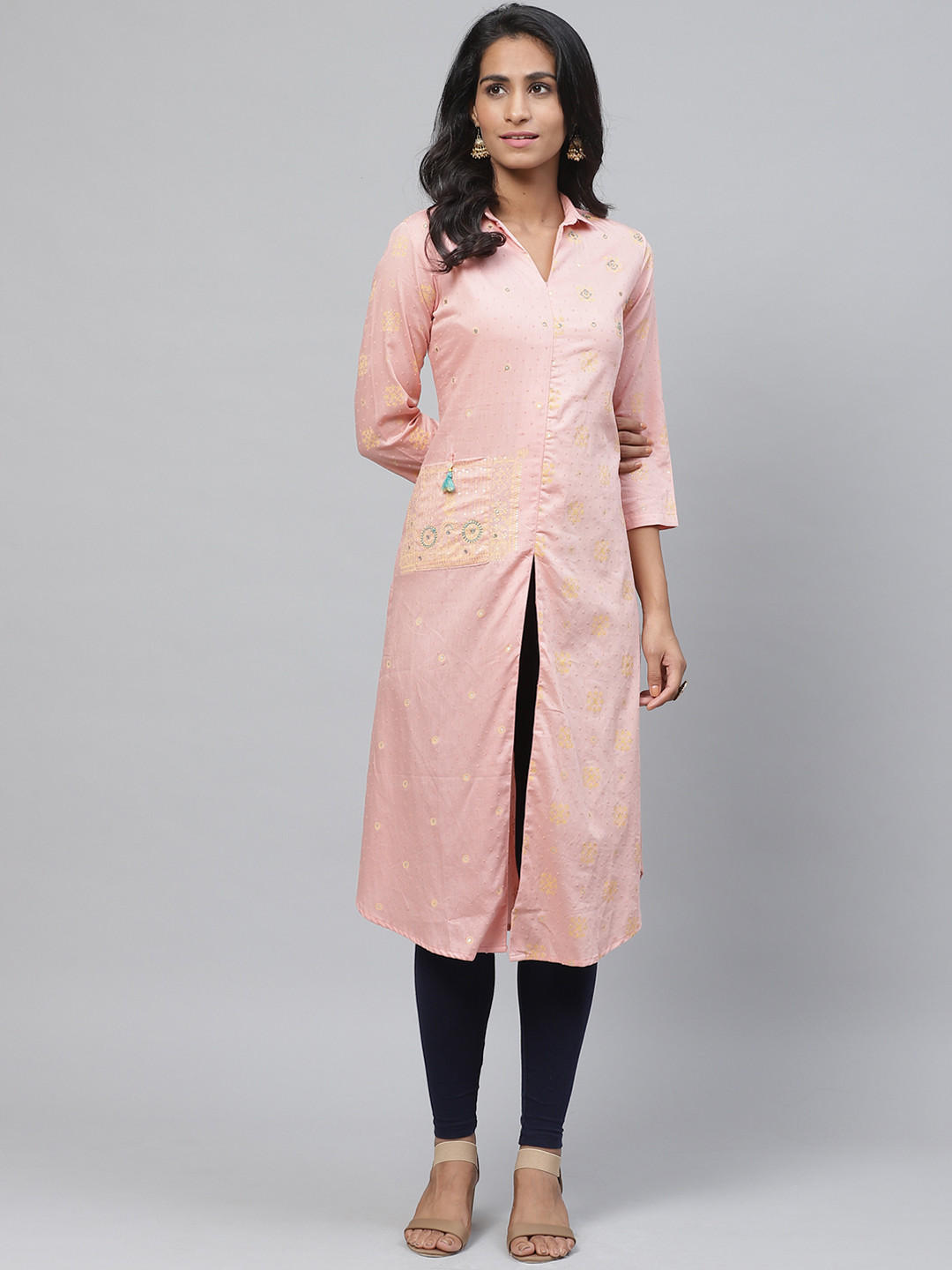 Biba Women Peach-Coloured & Mustard Yellow Mirror Work Printed A-Line Kurta
