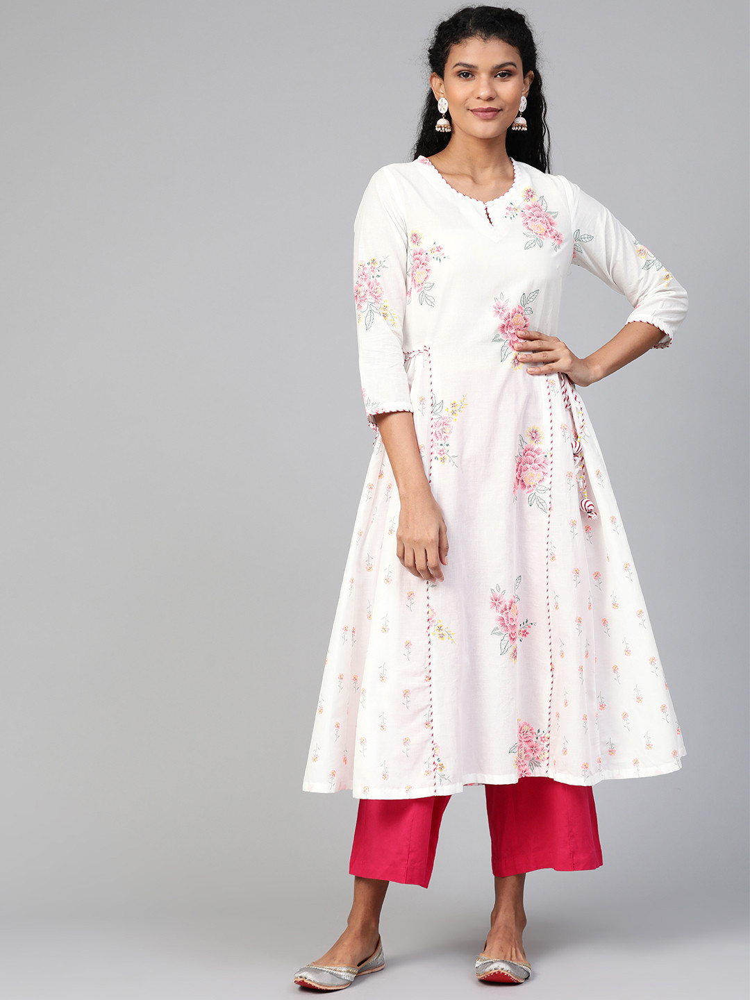 Biba Women White & Pink Panelled Floral Printed Anarkali Kurta