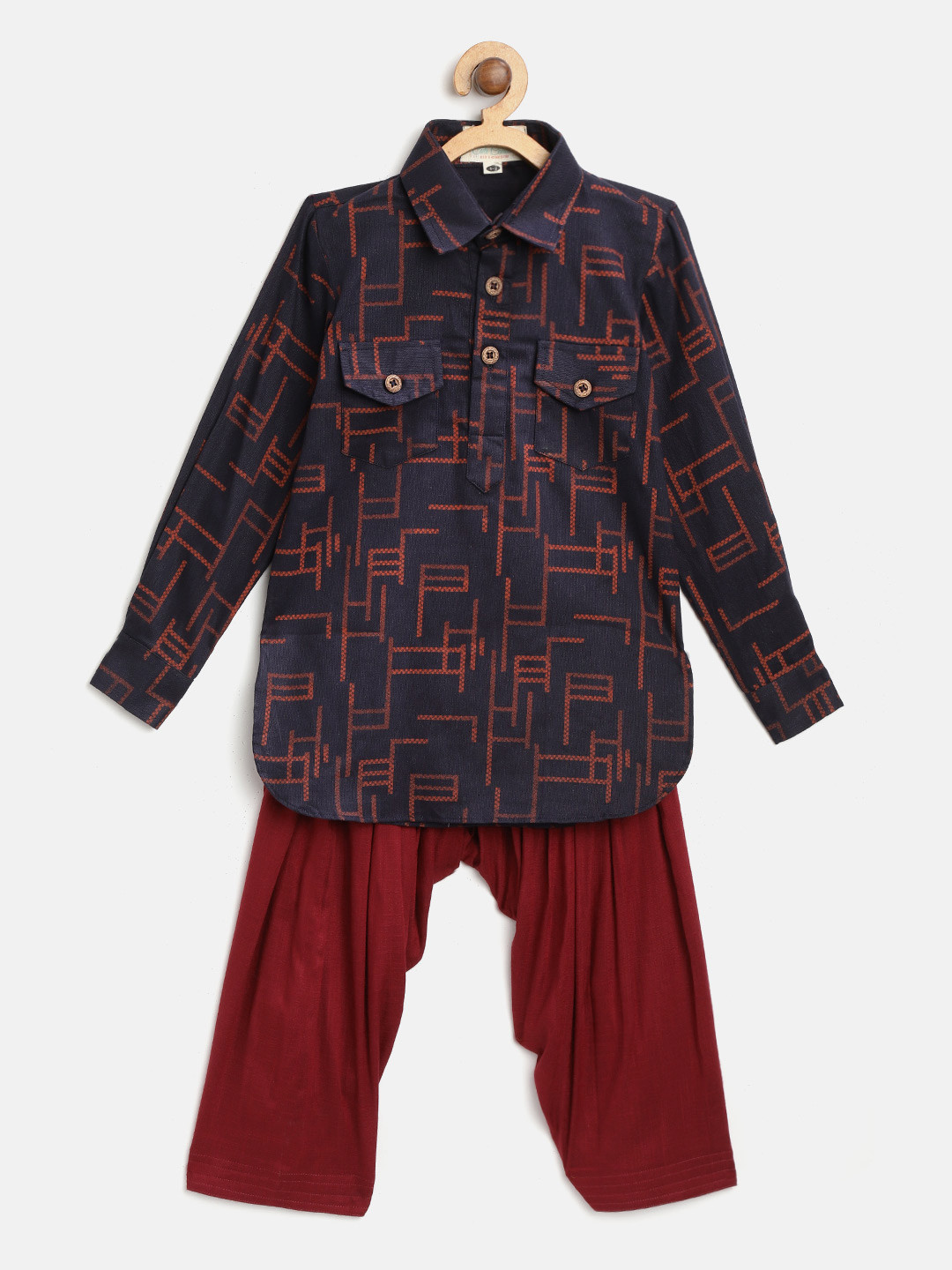 Cute Couture Boys Navy Blue & Maroon Printed Pathani Kurta with Patiala