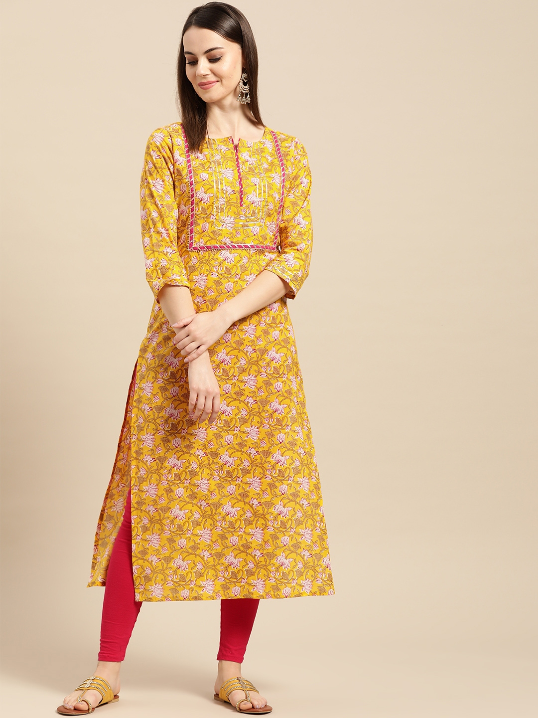 Buy Varanga Women Yellow Pink Printed Straight Kurta Kurtas