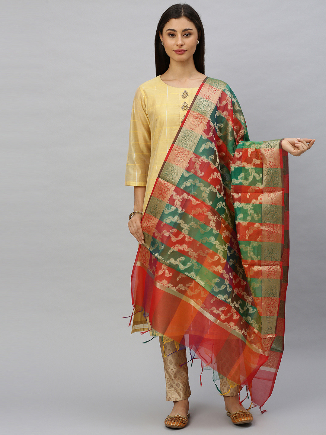 Ishin Green & Red Woven Design Dupatta