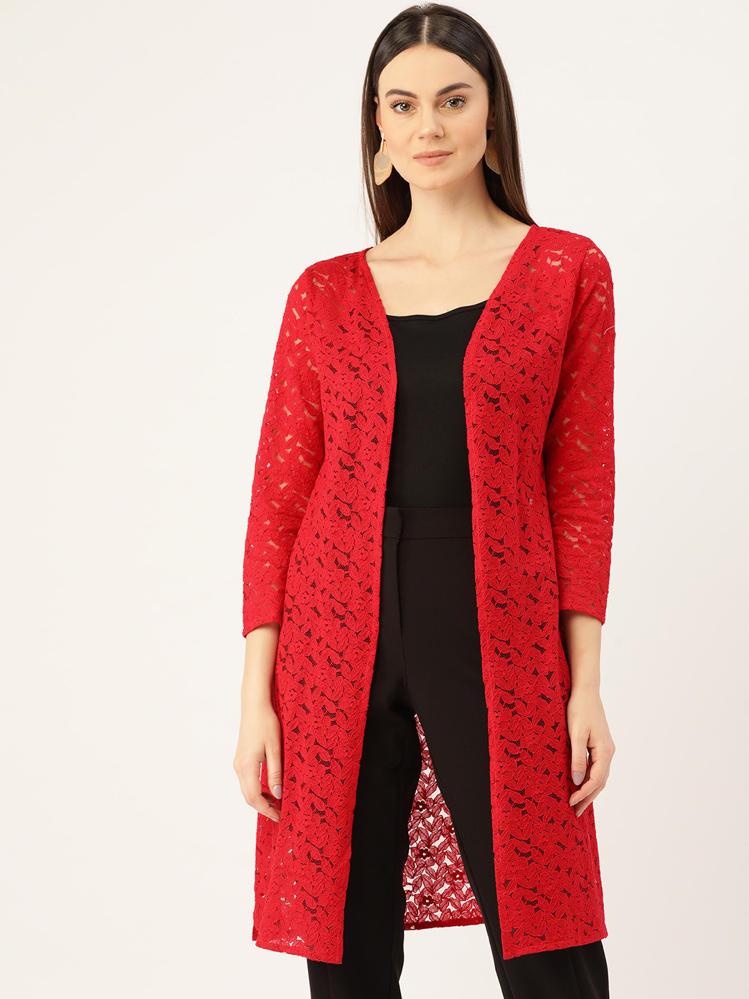 Rute Women Red Lace Open Front Shrug