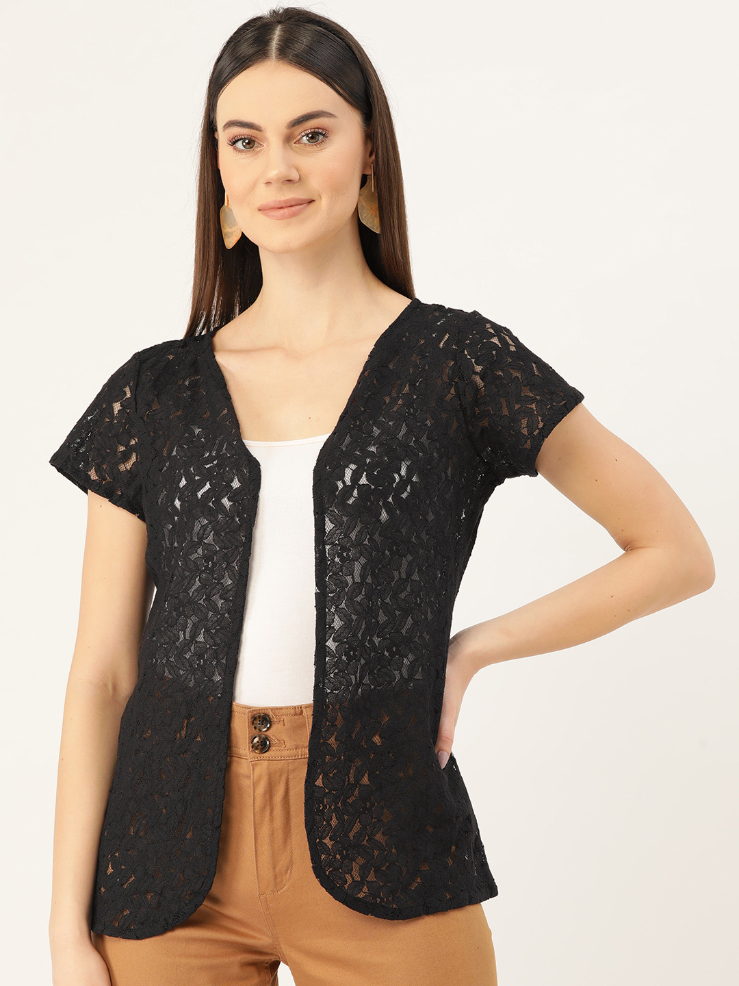 Rute Women Black Lace Sheer Open Front Shrug