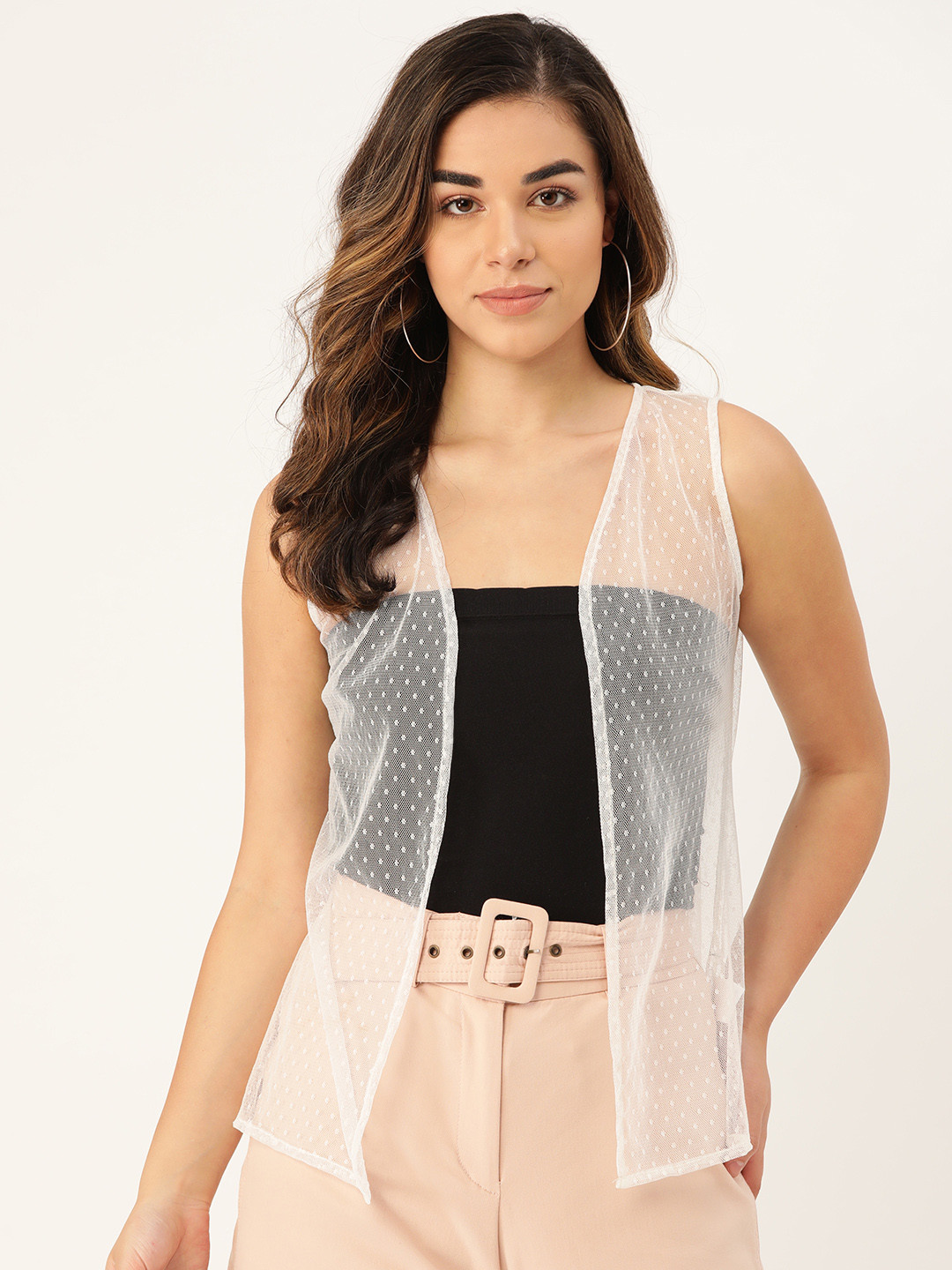 Rute Women White Self-Design Open Front Net Shrug