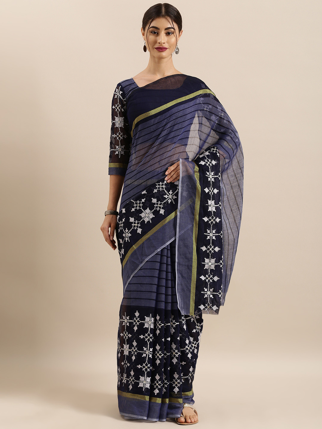 Kvsfab Blue & White Cotton Blend Striped Saree