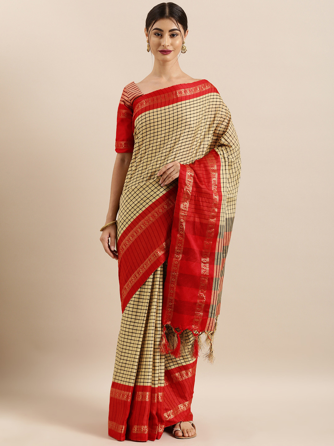 Kvsfab Beige & Black Silk Cotton Checked Saree