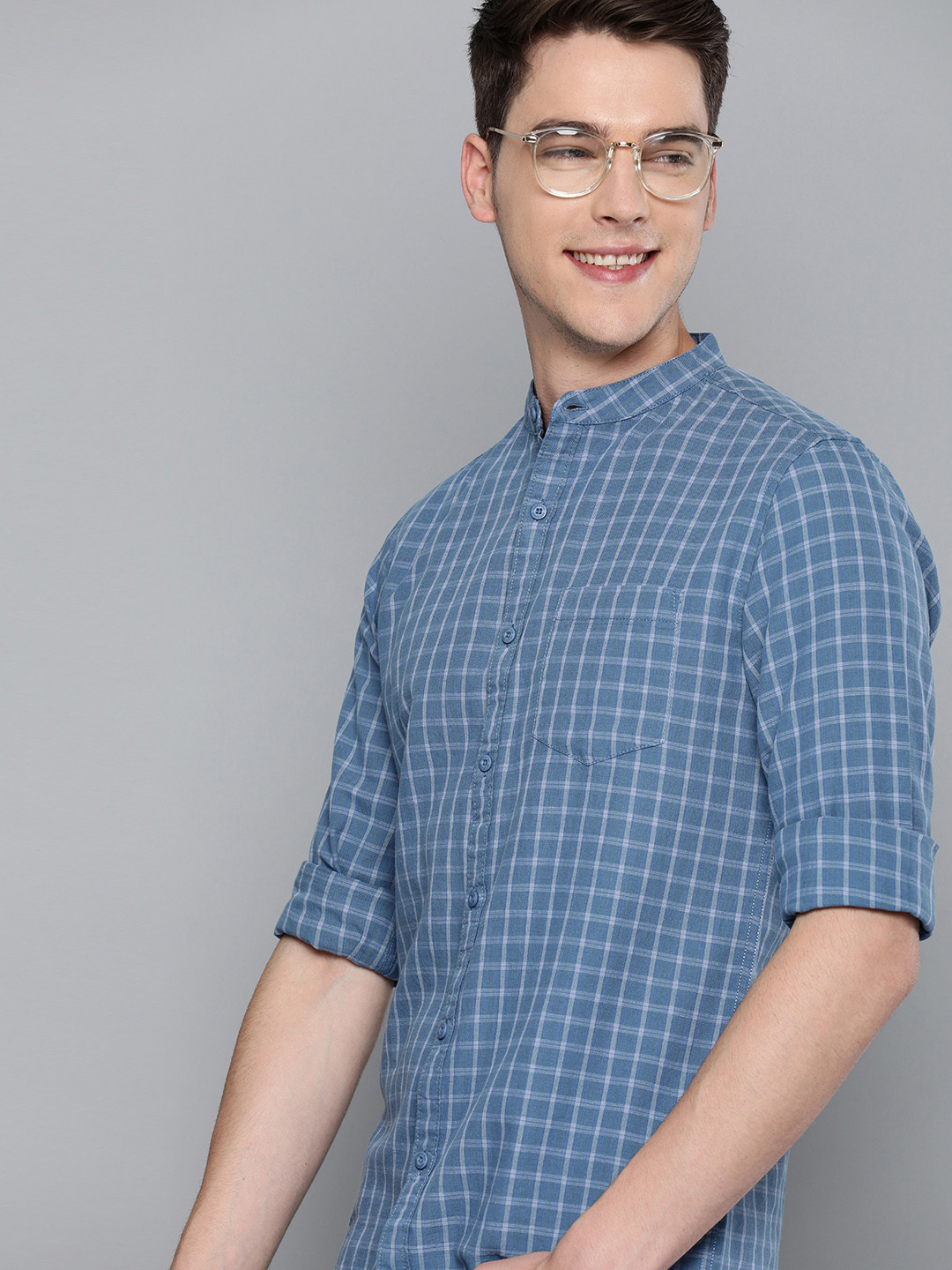 HERE&NOW Men Blue & Off-White Slim Fit Checked Sustainable Casual Shirt
