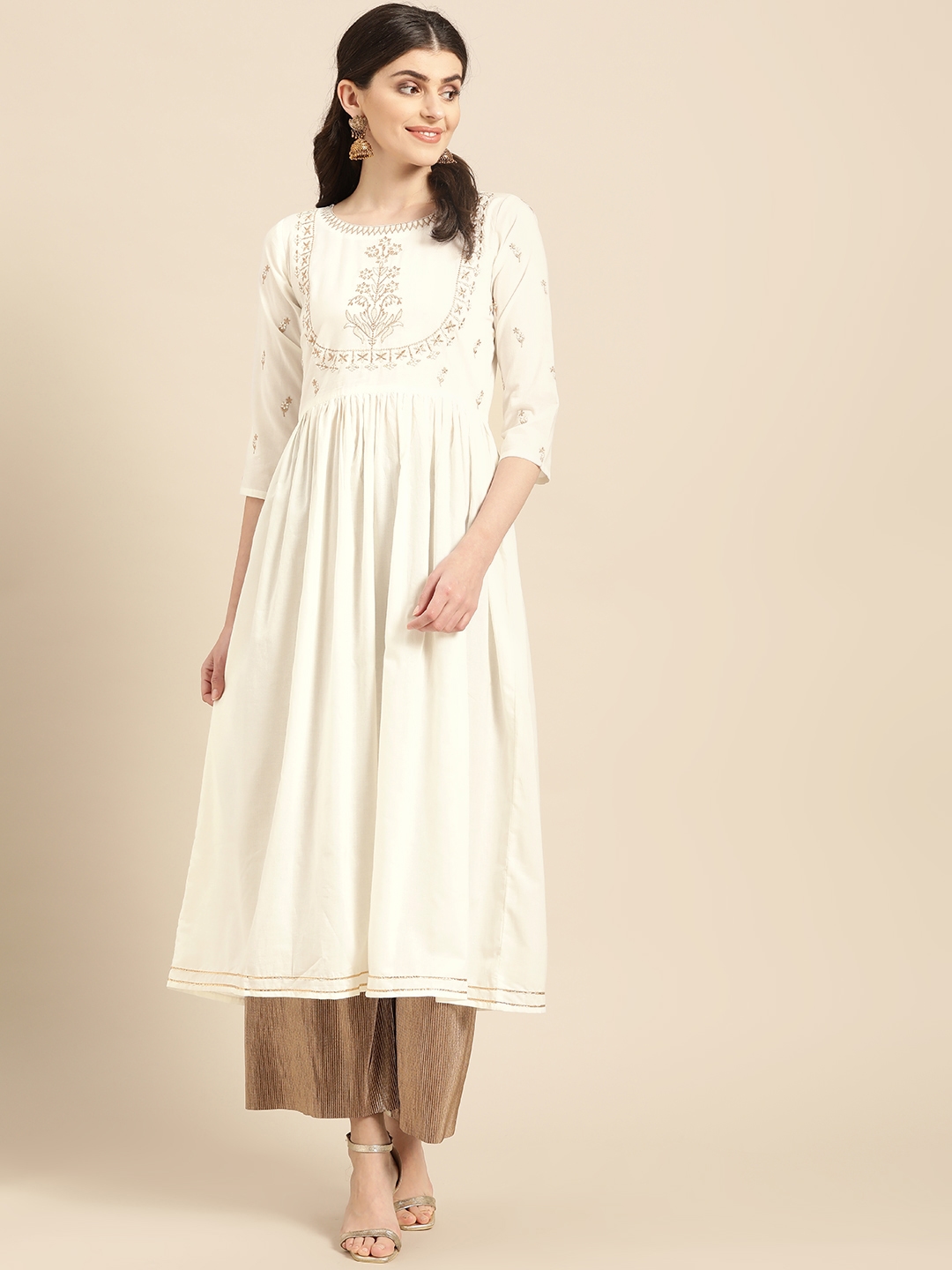 Buy Varanga Women Off White & Golden Yoke Design Anarkali Kurta - TYPES OF ANARKALI DRESS