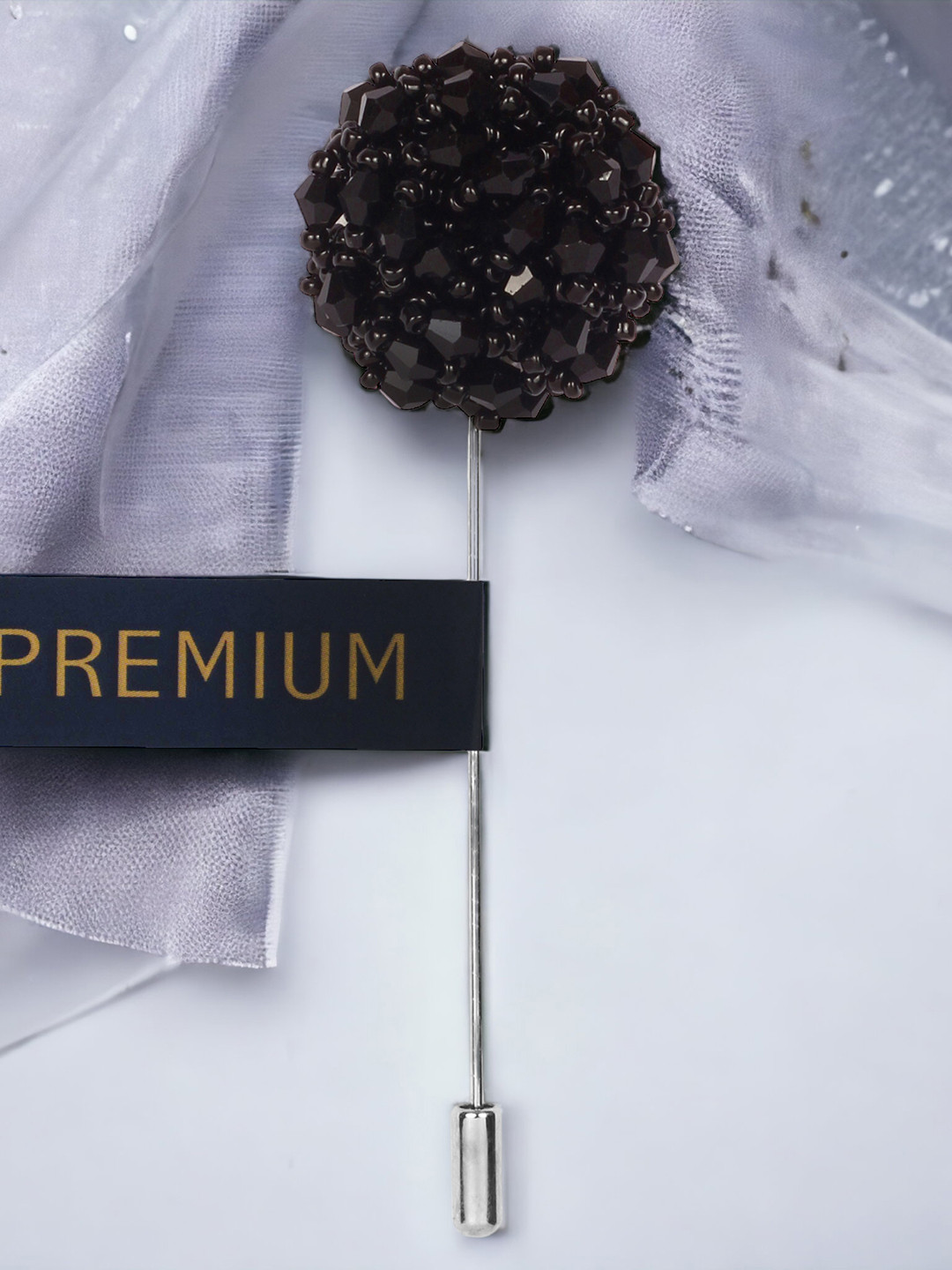 PELUCHE Unisex Black & Silver-Toned Crystal Flower Lapel Pin