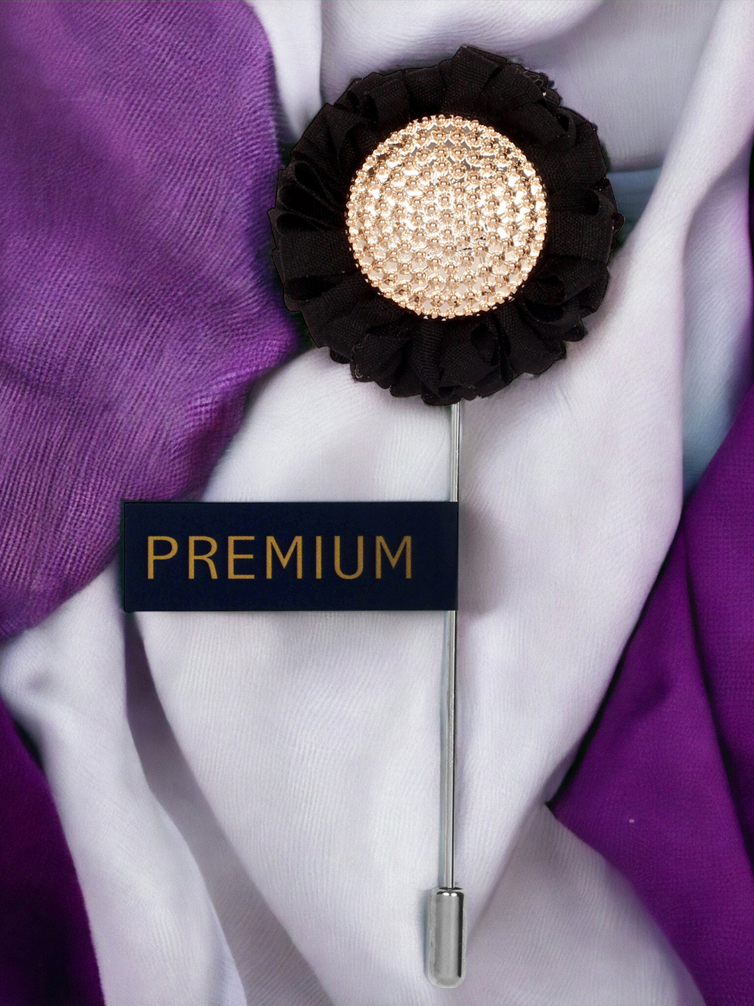 PELUCHE Unisex Black & Gold-Toned Stone-Studded Sun Flower Lapel Pin