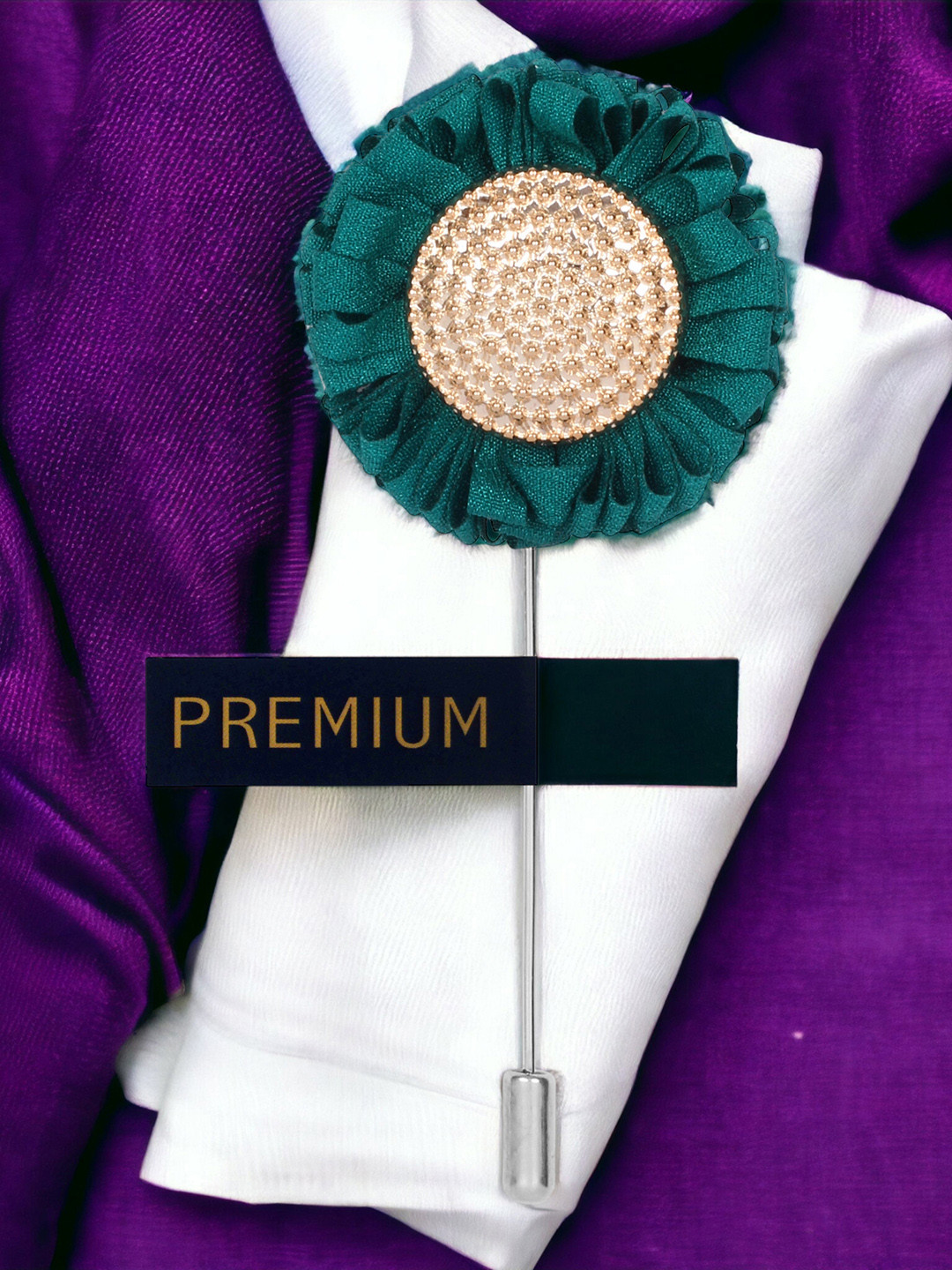 PELUCHE Unisex Green & Gold-Toned Stone-Studded Sun Flower Lapel Pin