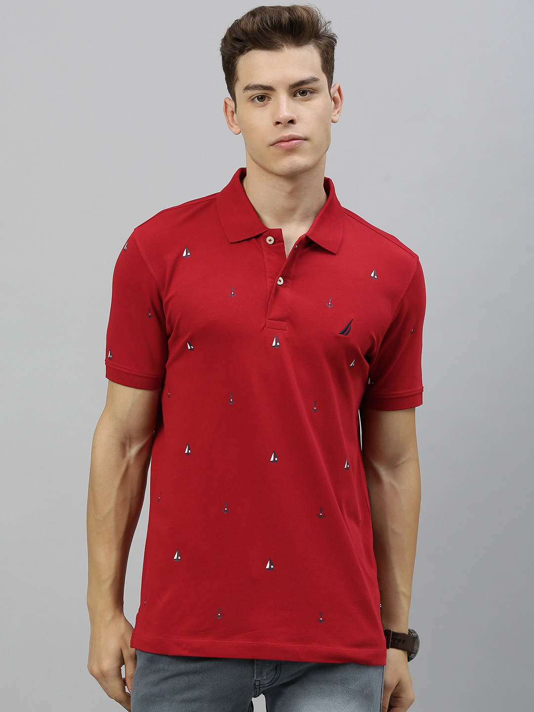 Nautica Men Red Conversational Print Polo Collar  Cotton Slim Fit T-shirt